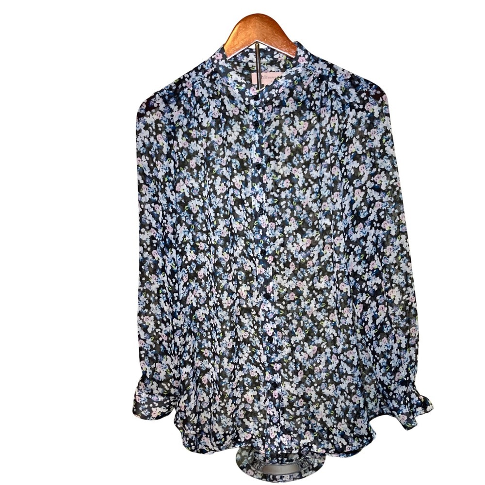 Philosophy Floral Button Down Blouse Women XS Black Blue Sheer Cottagecore Top